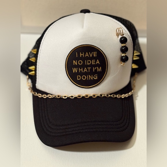 Fashion Jewelry Accessories - Custom made Trucker Hat Black and White Cap with Gold Accents